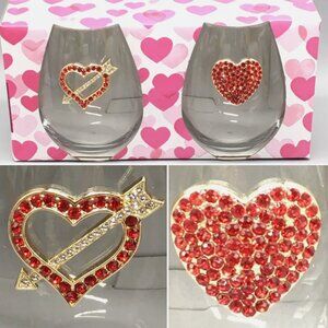 2pc Heart Arrow Red Rhinestone Stemless Wine Glass Set Cupid Gold Valentines Day